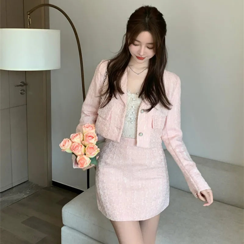 QQPretty~ Fragrance Vintage Tweed 2 Piece Set Short Jacket Coat + A-Line Mini Skirts Sets Sweet Pink