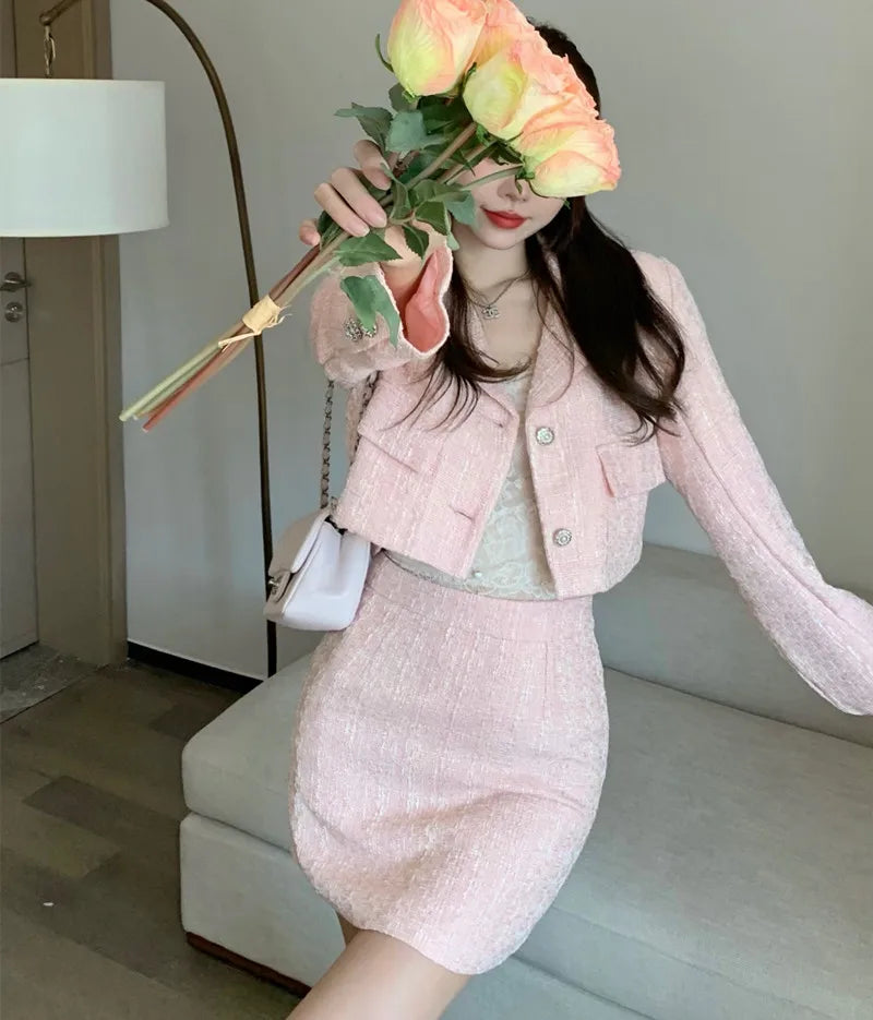 QQPretty~ Fragrance Vintage Tweed 2 Piece Set Short Jacket Coat + A-Line Mini Skirts Sets Sweet Pink