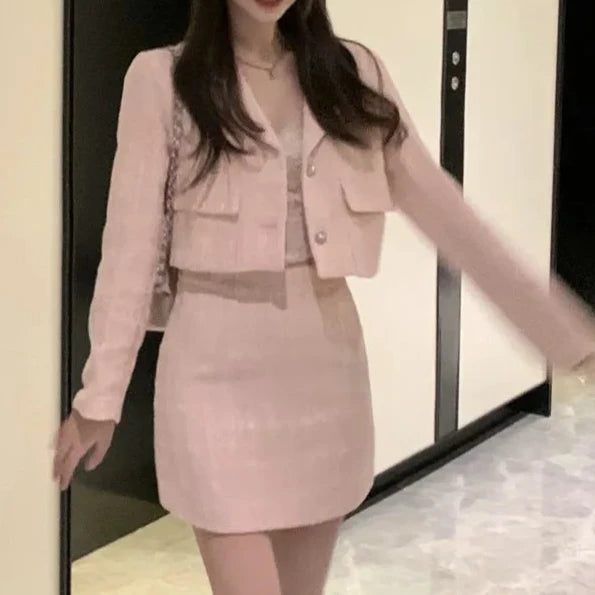 QQPretty~ Fragrance Vintage Tweed 2 Piece Set Short Jacket Coat + A-Line Mini Skirts Sets Sweet Pink