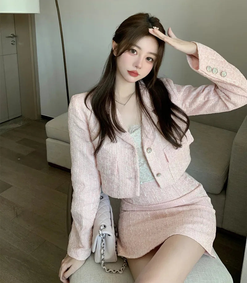 QQPretty~ Fragrance Vintage Tweed 2 Piece Set Short Jacket Coat + A-Line Mini Skirts Sets Sweet Pink
