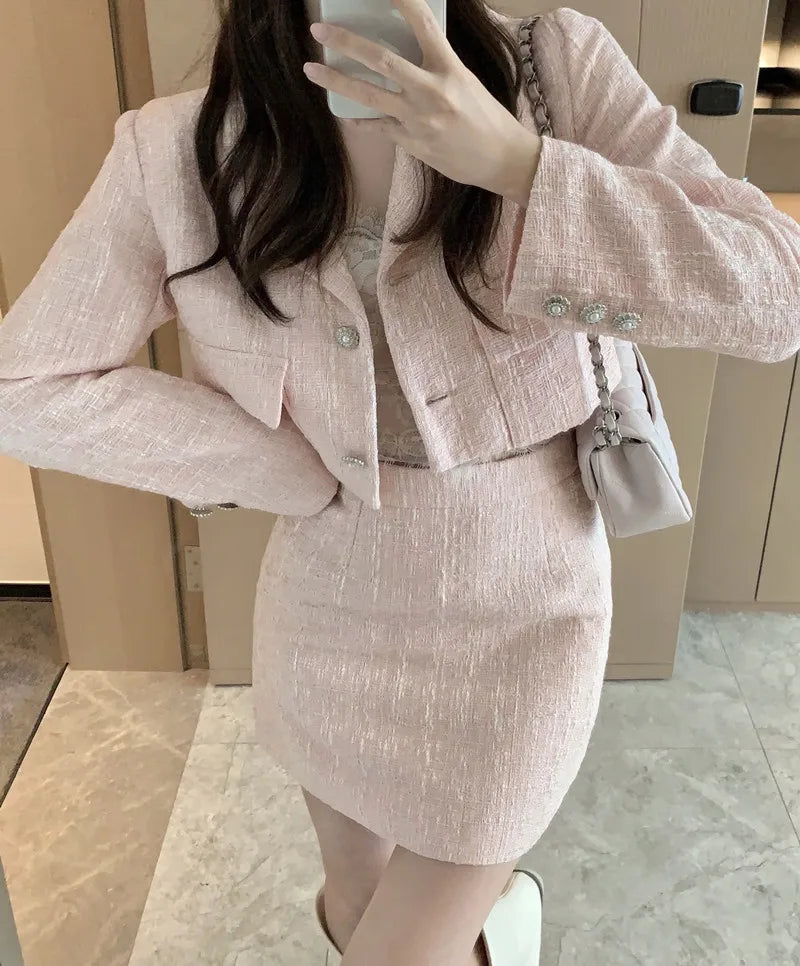 QQPretty~ Fragrance Vintage Tweed 2 Piece Set Short Jacket Coat + A-Line Mini Skirts Sets Sweet Pink