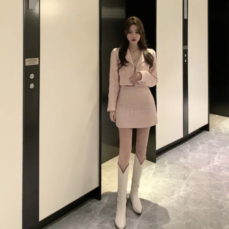 QQPretty~ Fragrance Vintage Tweed 2 Piece Set Short Jacket Coat + A-Line Mini Skirts Sets Sweet Pink