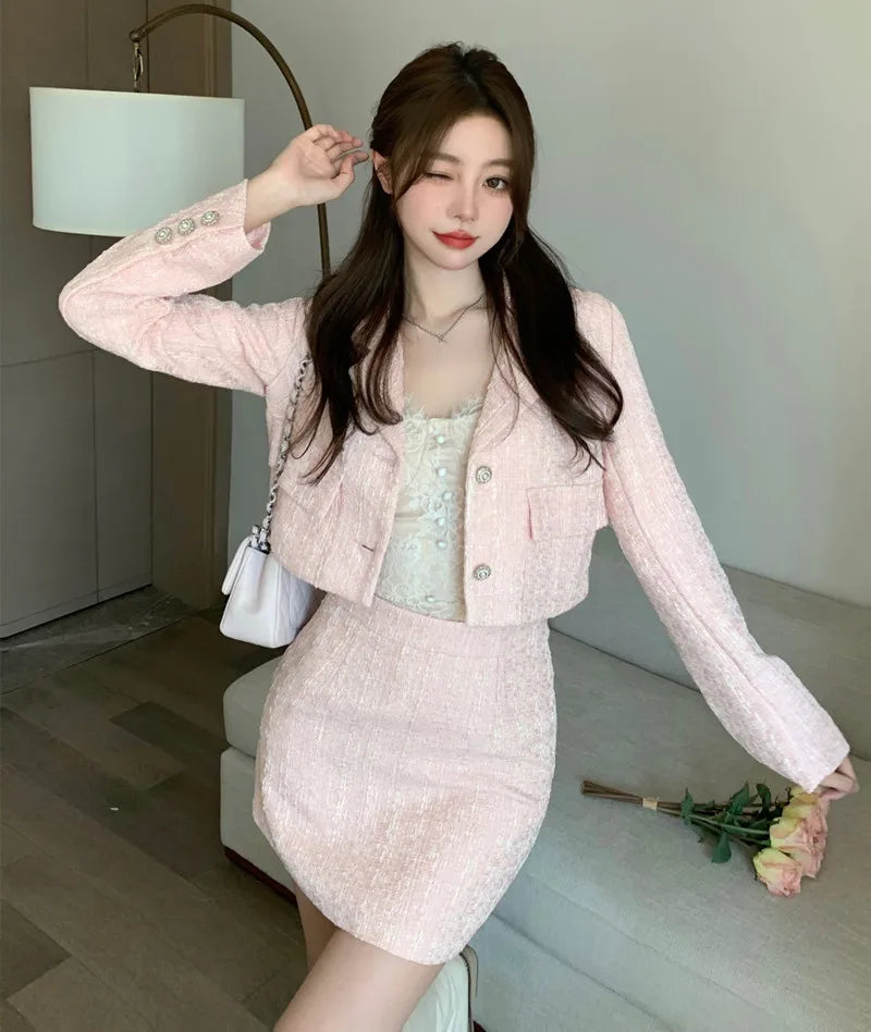 QQPretty~ Fragrance Vintage Tweed 2 Piece Set Short Jacket Coat + A-Line Mini Skirts Sets Sweet Pink