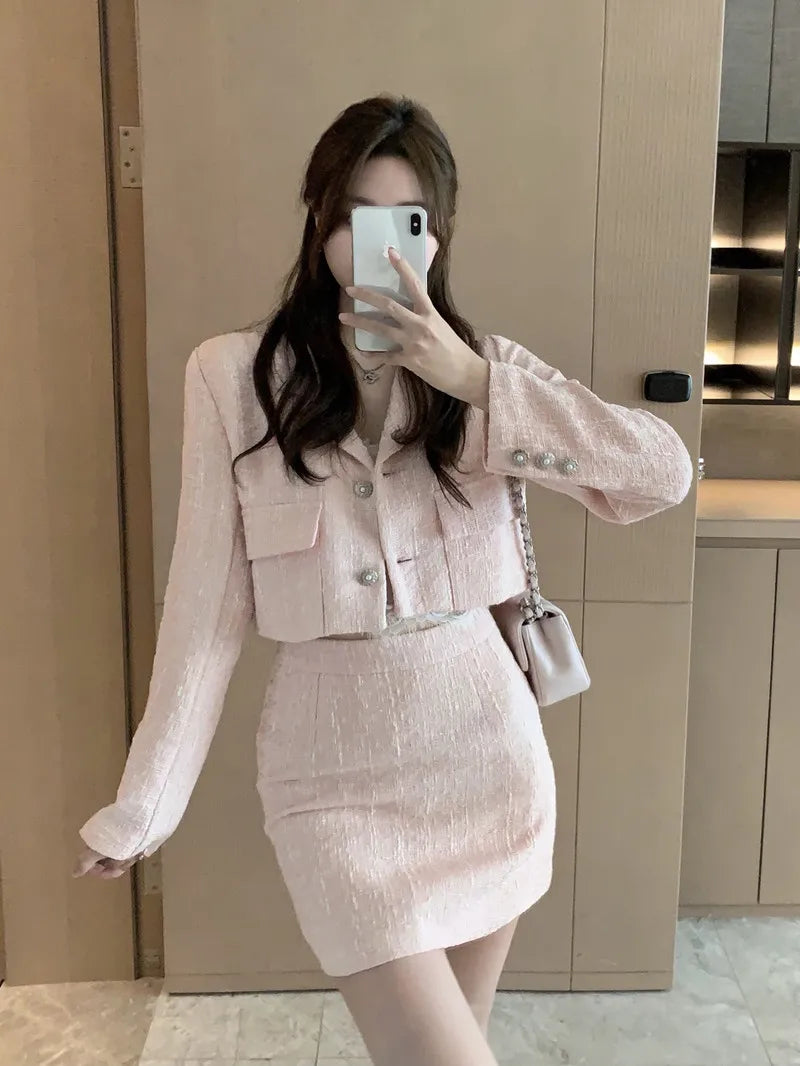 QQPretty~ Fragrance Vintage Tweed 2 Piece Set Short Jacket Coat + A-Line Mini Skirts Sets Sweet Pink