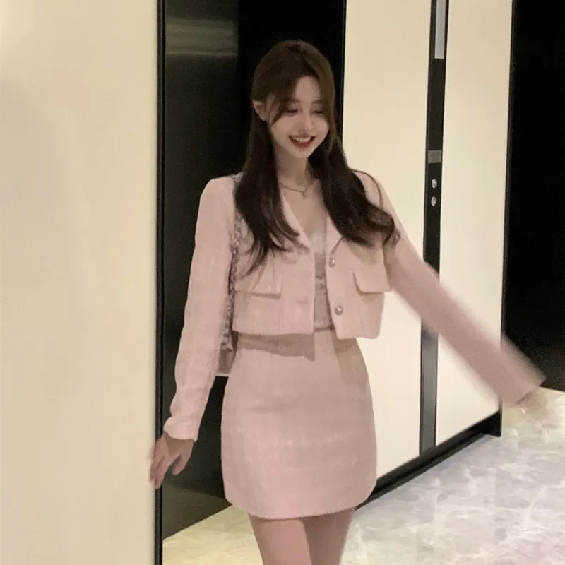 QQPretty~ Fragrance Vintage Tweed 2 Piece Set Short Jacket Coat + A-Line Mini Skirts Sets Sweet Pink