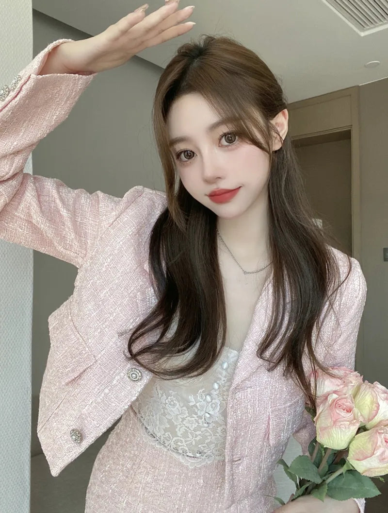 QQPretty~ Fragrance Vintage Tweed 2 Piece Set Short Jacket Coat + A-Line Mini Skirts Sets Sweet Pink