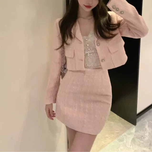 QQPretty~ Fragrance Vintage Tweed 2 Piece Set Short Jacket Coat + A-Line Mini Skirts Sets Sweet Pink