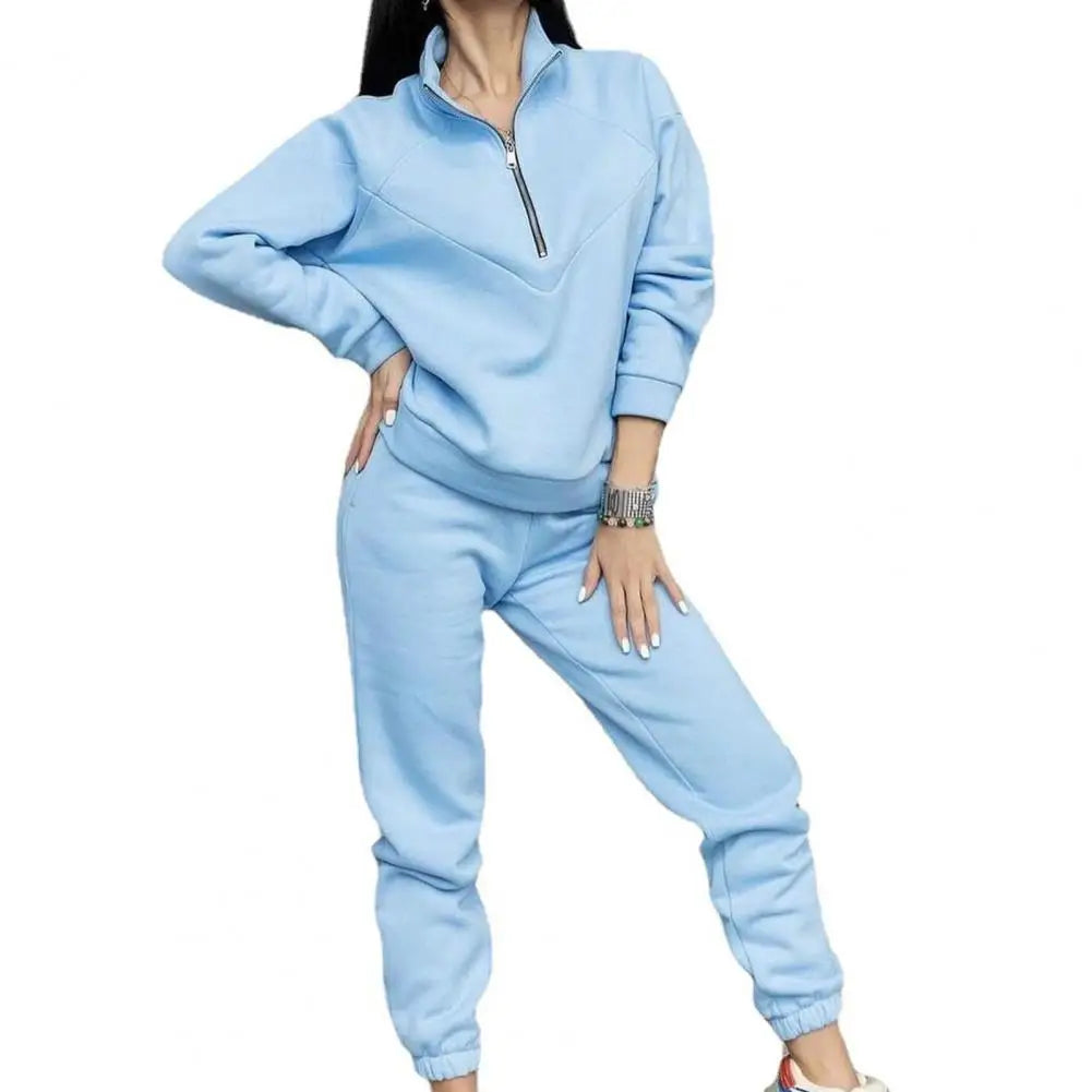 QQPretty~ 2 Pcs/Set Fall Sweatshirt Pants Set Loose Warm Stand Collar Elastic Waist