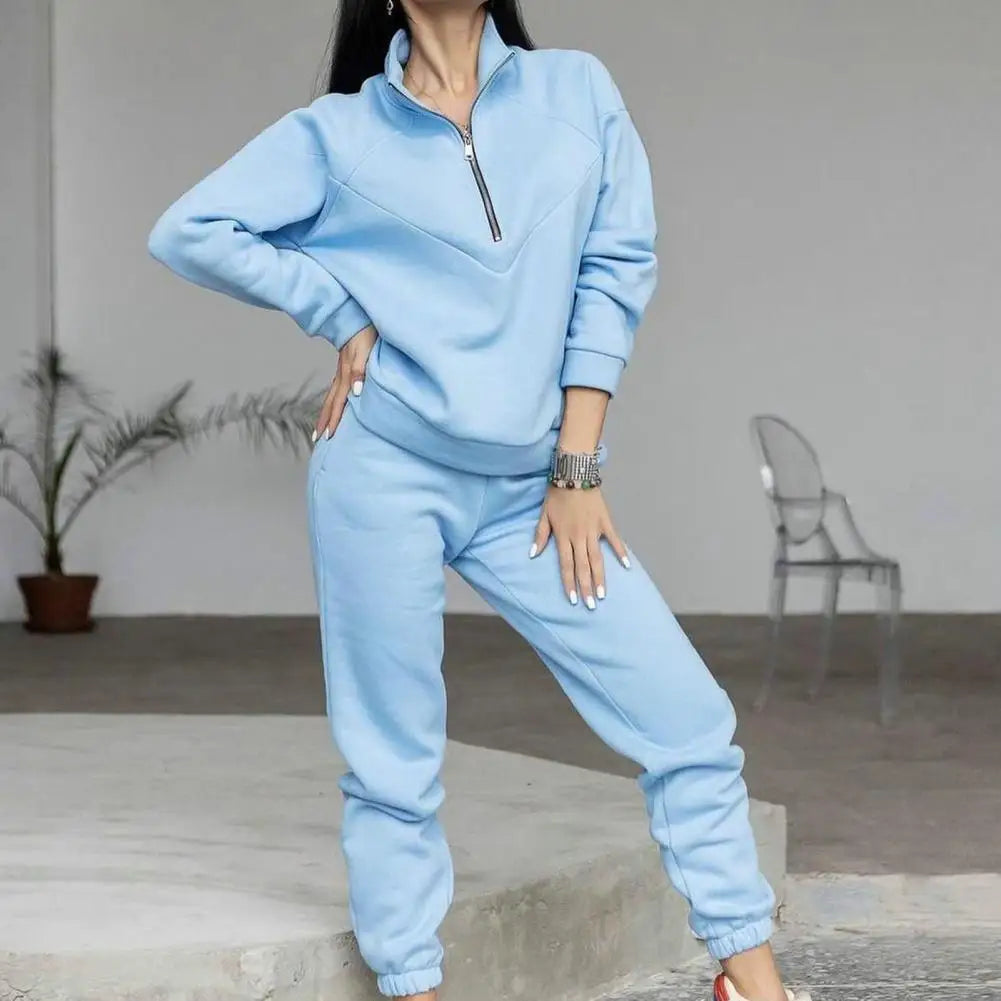 QQPretty~ 2 Pcs/Set Fall Sweatshirt Pants Set Loose Warm Stand Collar Elastic Waist