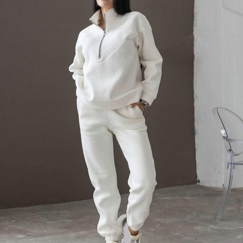 QQPretty~ 2 Pcs/Set Fall Sweatshirt Pants Set Loose Warm Stand Collar Elastic Waist