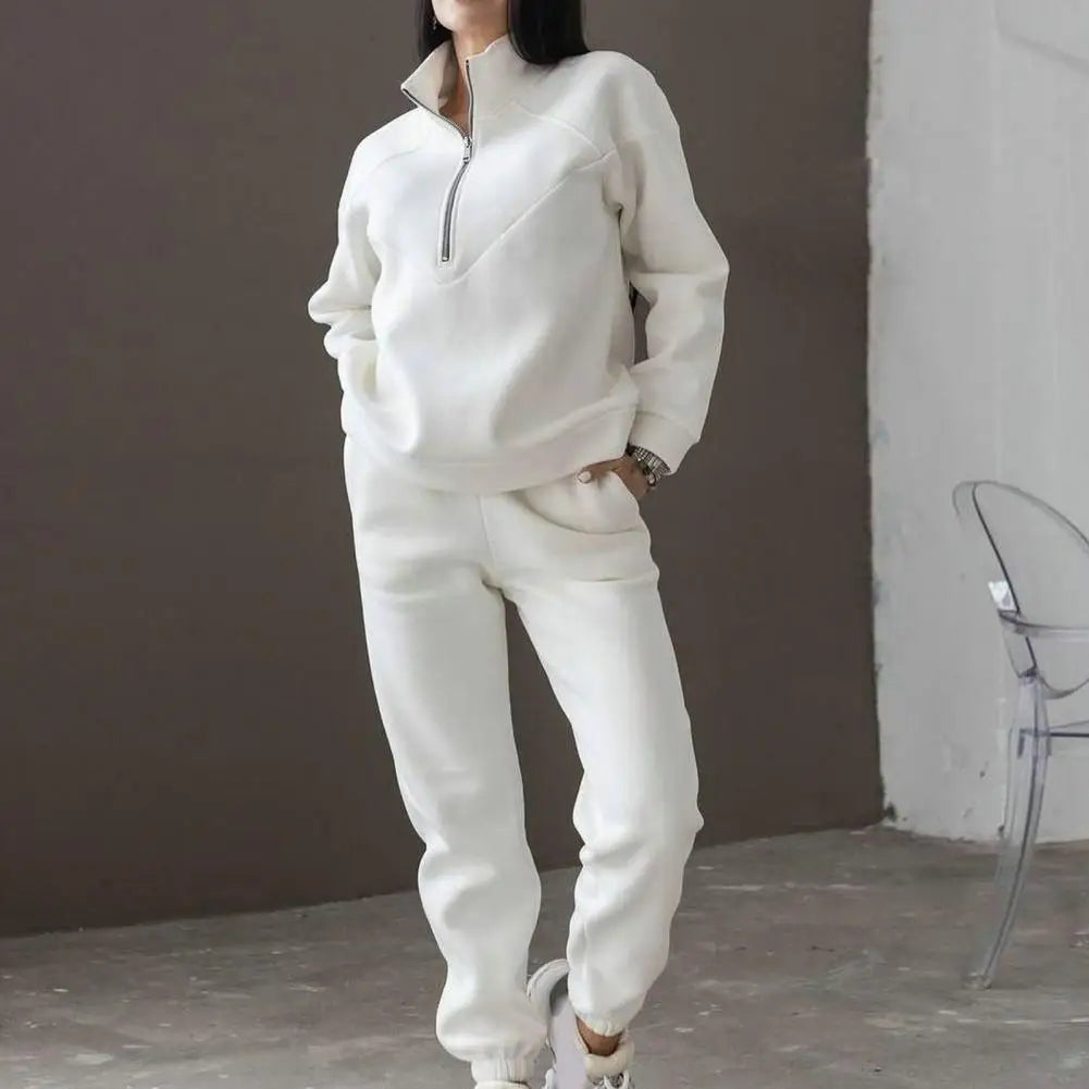 QQPretty~ 2 Pcs/Set Fall Sweatshirt Pants Set Loose Warm Stand Collar Elastic Waist