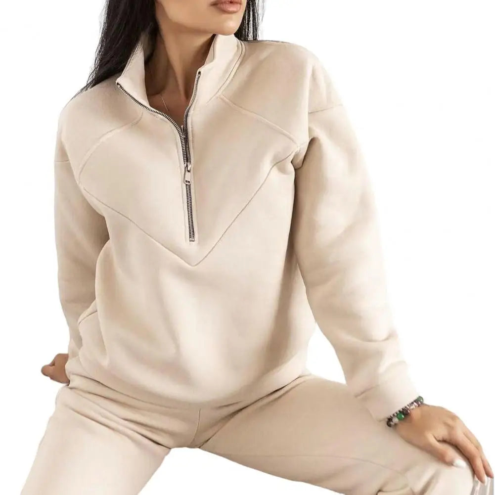 QQPretty~ 2 Pcs/Set Fall Sweatshirt Pants Set Loose Warm Stand Collar Elastic Waist