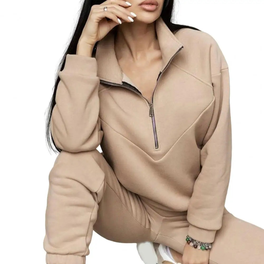 QQPretty~ 2 Pcs/Set Fall Sweatshirt Pants Set Loose Warm Stand Collar Elastic Waist
