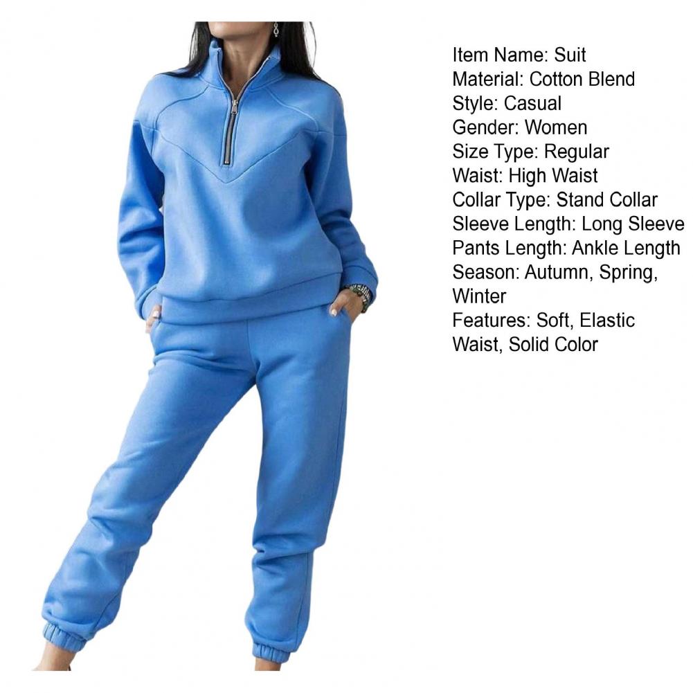 QQPretty~ 2 Pcs/Set Fall Sweatshirt Pants Set Loose Warm Stand Collar Elastic Waist