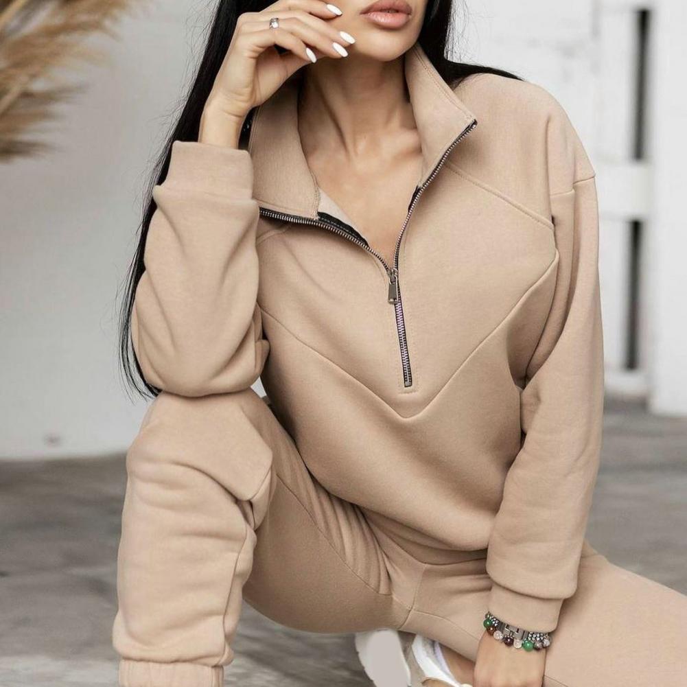 QQPretty~ 2 Pcs/Set Fall Sweatshirt Pants Set Loose Warm Stand Collar Elastic Waist