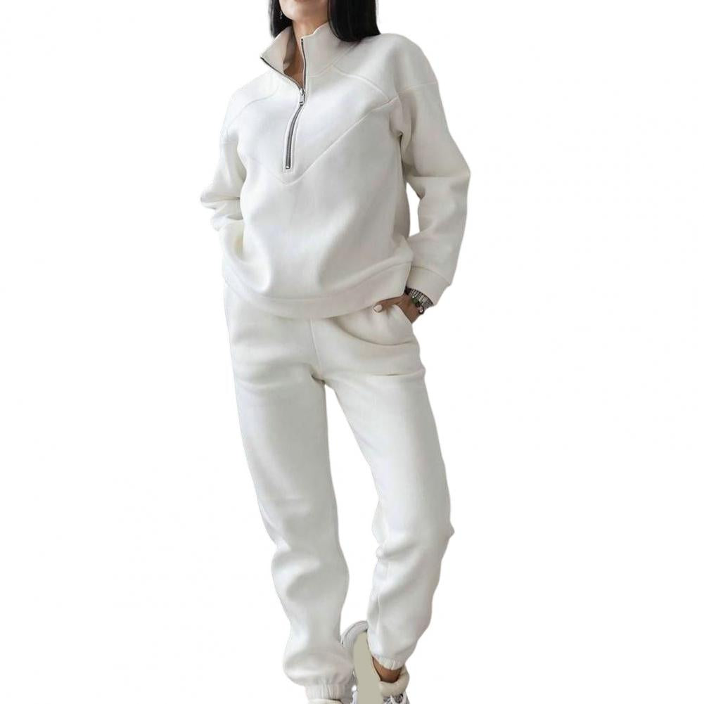 QQPretty~ 2 Pcs/Set Fall Sweatshirt Pants Set Loose Warm Stand Collar Elastic Waist