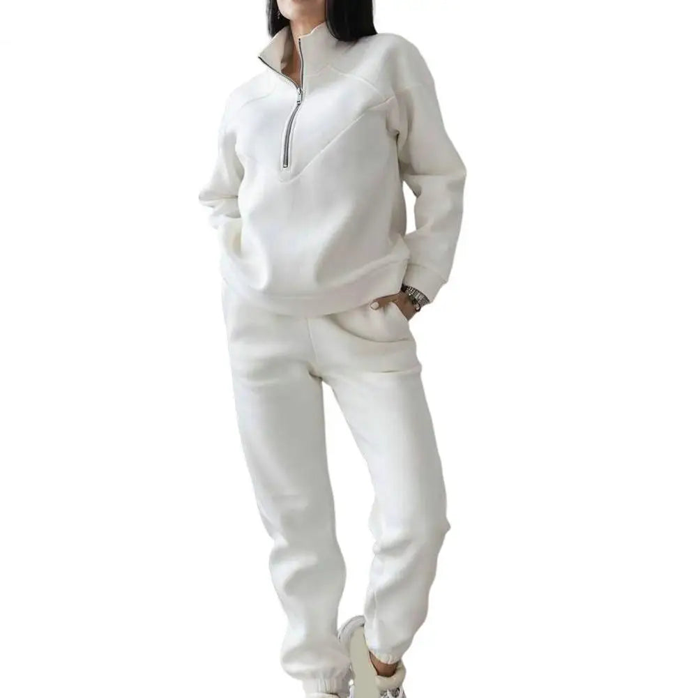 QQPretty~ 2 Pcs/Set Fall Sweatshirt Pants Set Loose Warm Stand Collar Elastic Waist