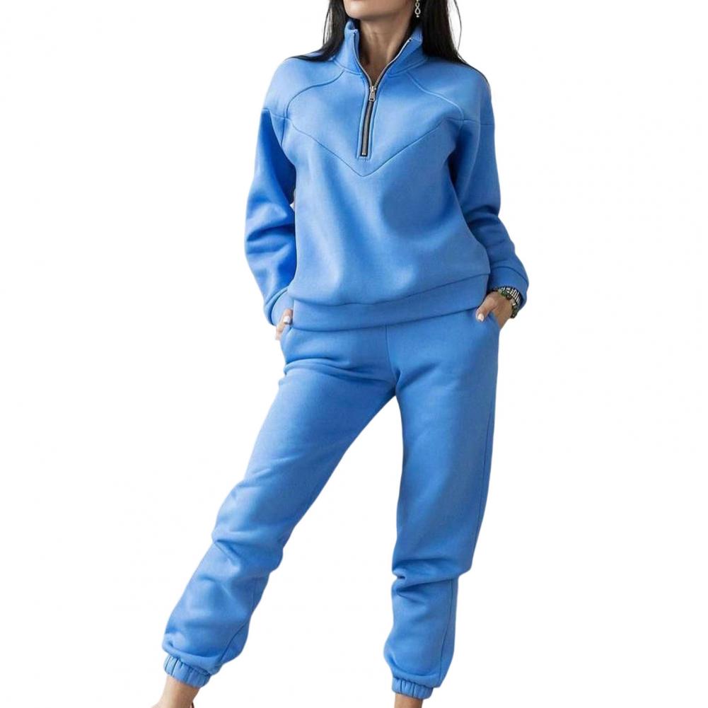 QQPretty~ 2 Pcs/Set Fall Sweatshirt Pants Set Loose Warm Stand Collar Elastic Waist