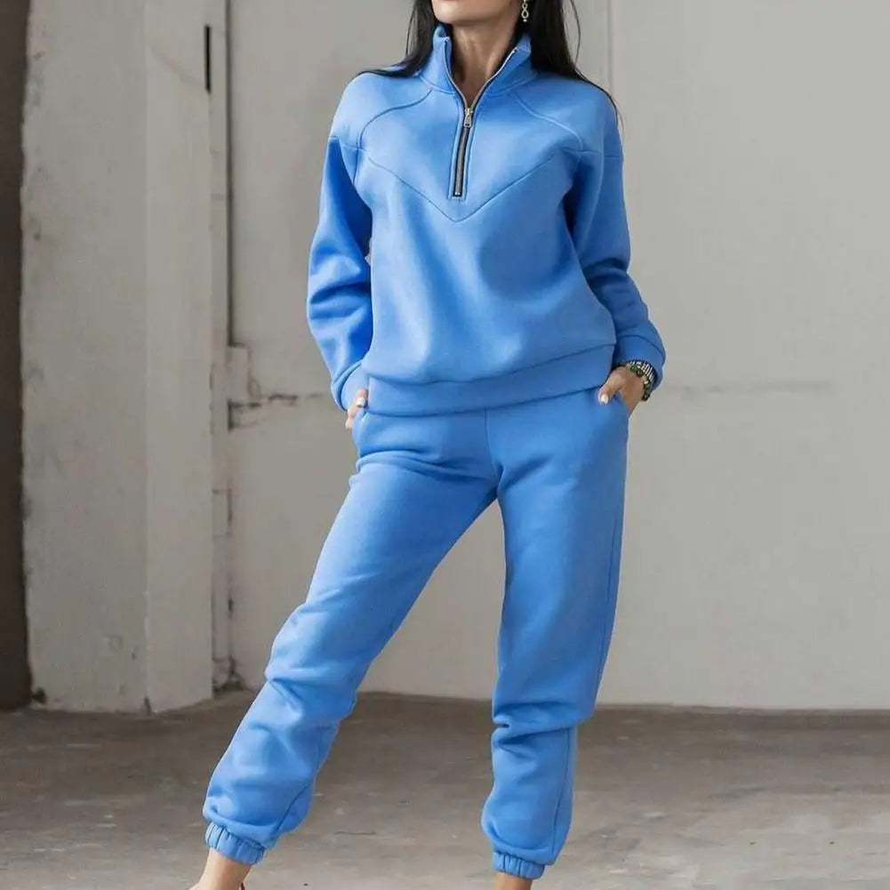 QQPretty~ 2 Pcs/Set Fall Sweatshirt Pants Set Loose Warm Stand Collar Elastic Waist
