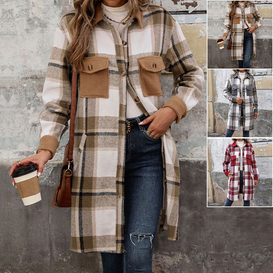 QQPretty~ New Brushed Plaid Long Coat With Pockets Fashion Winter Jacket Outwear Women's Clothing