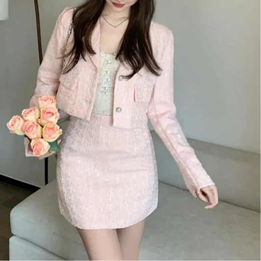 QQPretty~ Fragrance Vintage Tweed 2 Piece Set Short Jacket Coat + A-Line Mini Skirts Sets Sweet Pink