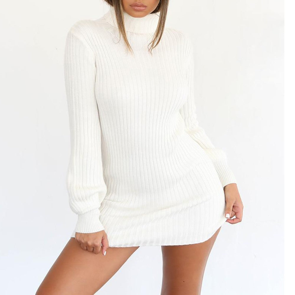 QQPretty~  Knitted Dress Women High Neck Slim Solid Wool Sweater Dresses Winter