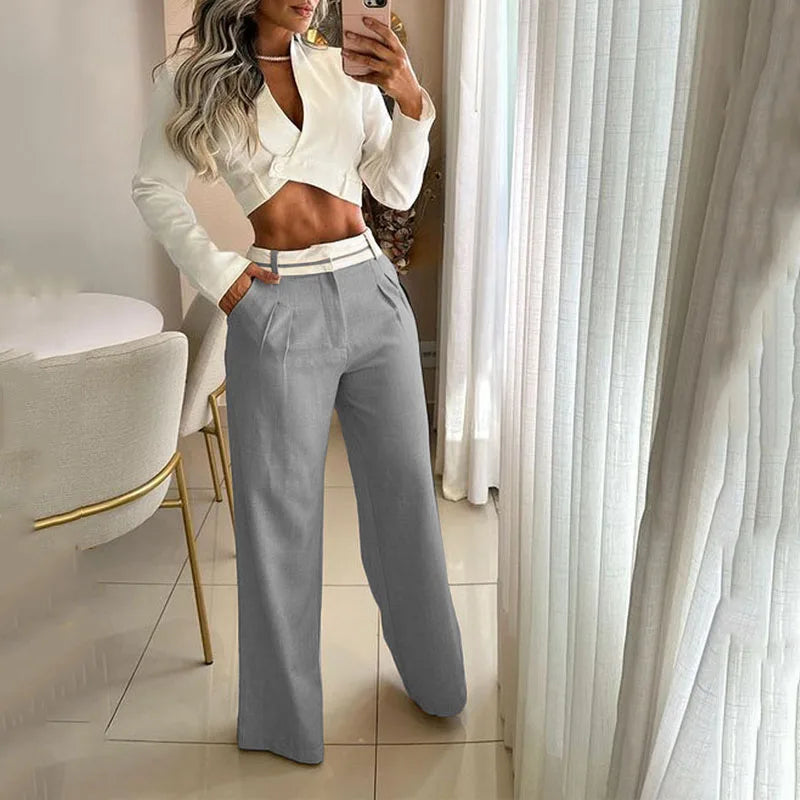 QQPretty~  Two Piece  Fashion Solid Long Sleeve Lapel High Waist Short Top Loose With Pockets Pants