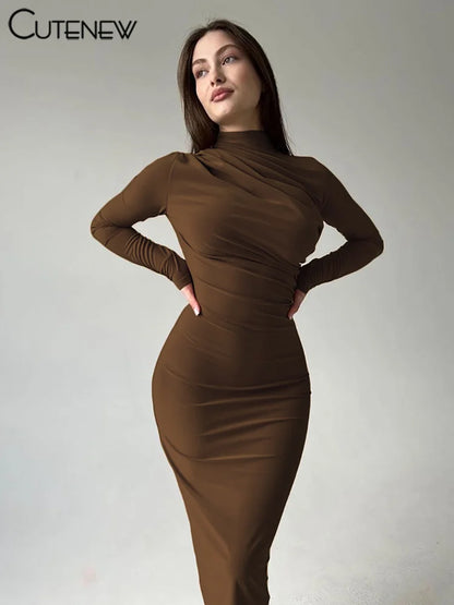 QQPretty~ Elegant Solid O-neck Patchwork Maxi Dress Full Long Sleeves Body-shaping