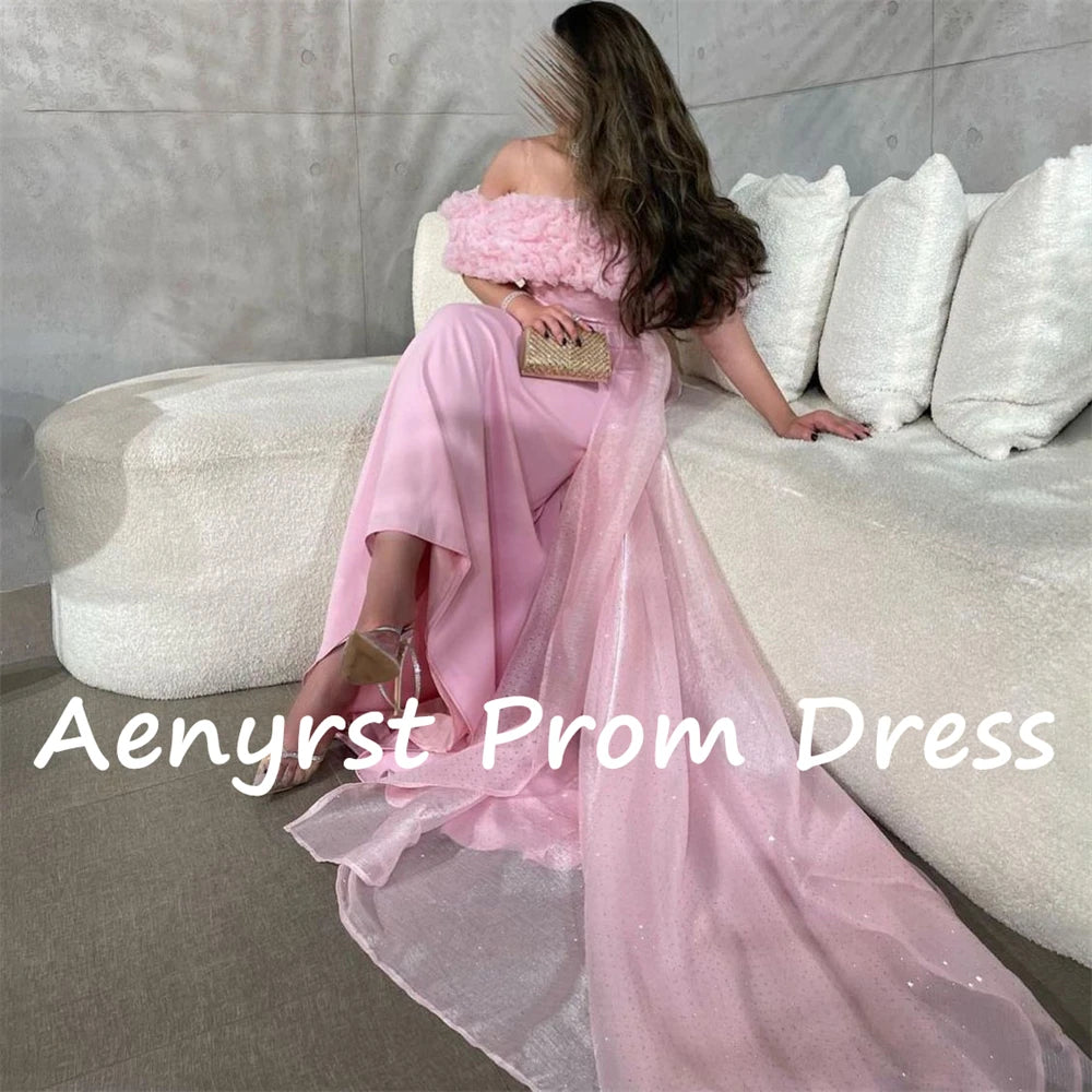 QQPretty~ Off The Shoulder Ruffles Saudi Evening Gown customized Satin Boat Neck Prom Dress Ankle Length Formal Party Gowns