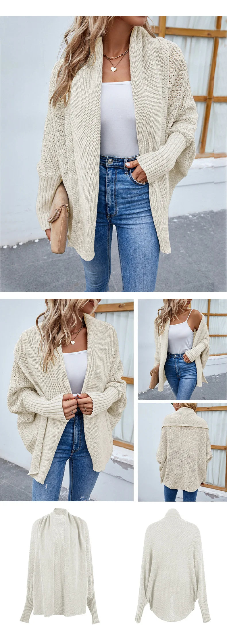 QQPretty~  Cardigan for Women! 2024 Knitted Solid Color Batwing Sleeve Shawl Collar Open Front Cardigan