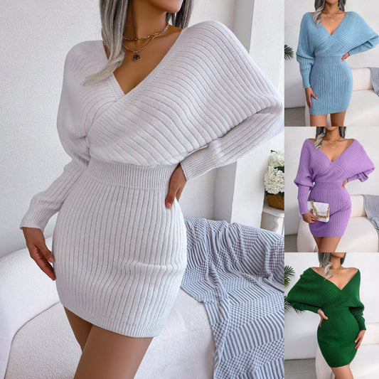 QQPretty~ Autumn and Winter Sexy Cross V-neck Bat Hip Sweater Dress Womens Clothing