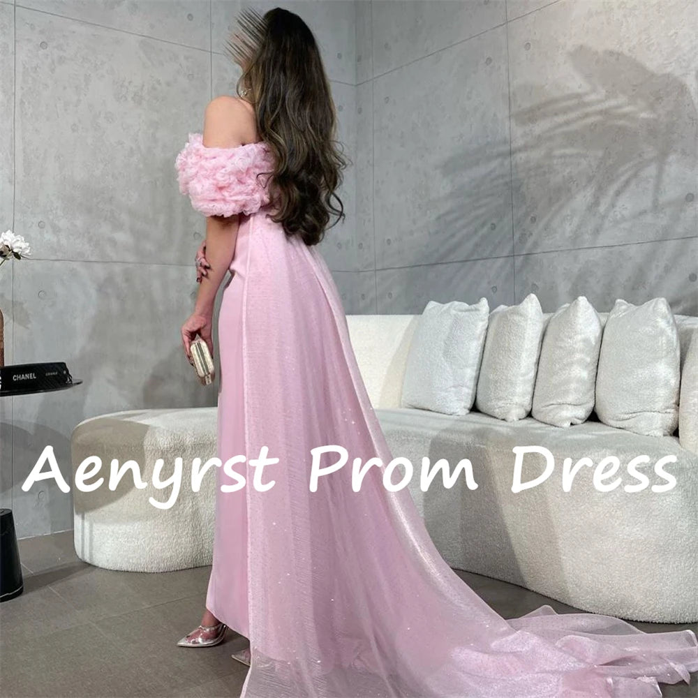 QQPretty~ Off The Shoulder Ruffles Saudi Evening Gown customized Satin Boat Neck Prom Dress Ankle Length Formal Party Gowns