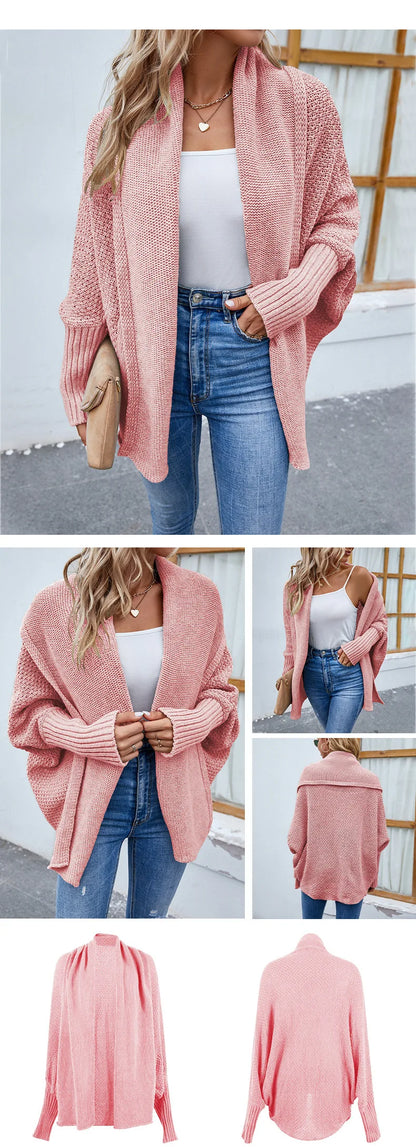 QQPretty~  Cardigan for Women! 2024 Knitted Solid Color Batwing Sleeve Shawl Collar Open Front Cardigan