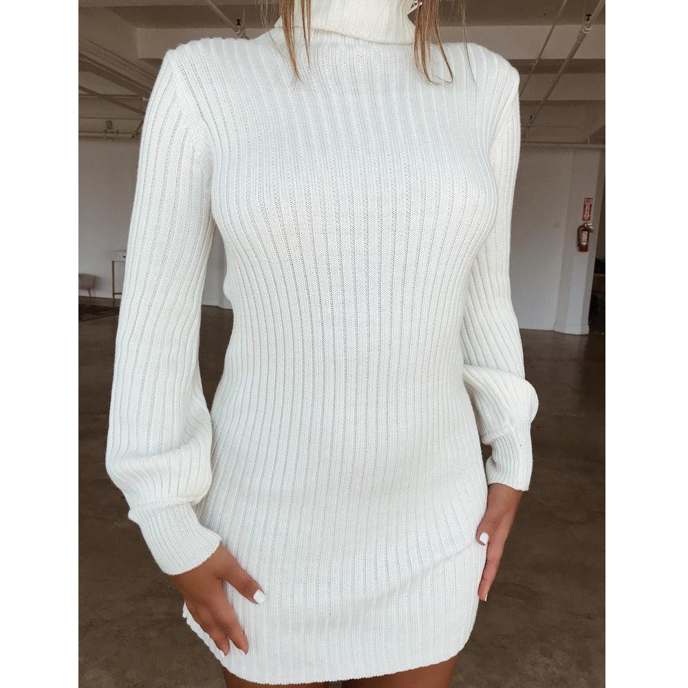 QQPretty~  Knitted Dress Women High Neck Slim Solid Wool Sweater Dresses Winter