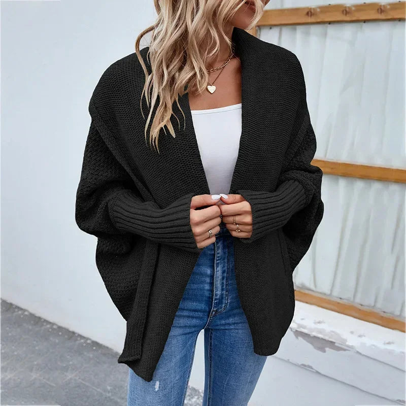 QQPretty~  Cardigan for Women! 2024 Knitted Solid Color Batwing Sleeve Shawl Collar Open Front Cardigan