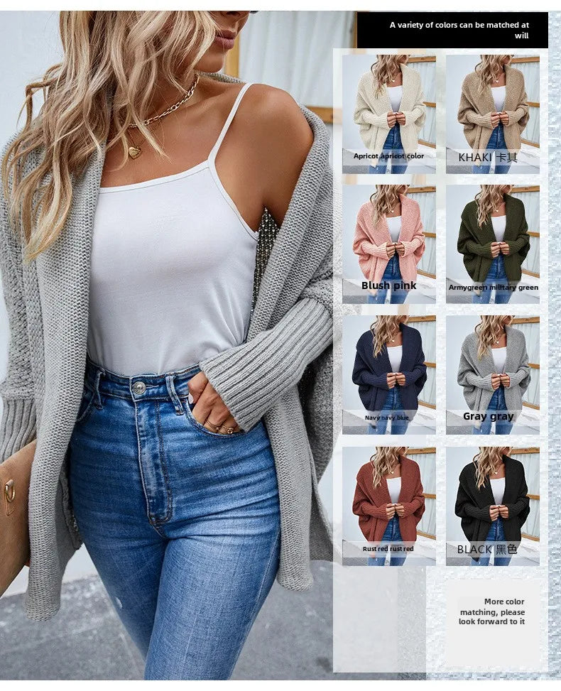 QQPretty~  Cardigan for Women! 2024 Knitted Solid Color Batwing Sleeve Shawl Collar Open Front Cardigan