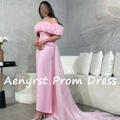 QQPretty~ Off The Shoulder Ruffles Saudi Evening Gown customized Satin Boat Neck Prom Dress Ankle Length Formal Party Gowns