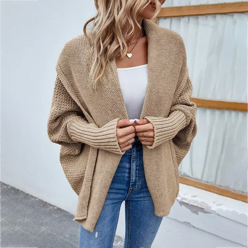 QQPretty~  Cardigan for Women! 2024 Knitted Solid Color Batwing Sleeve Shawl Collar Open Front Cardigan