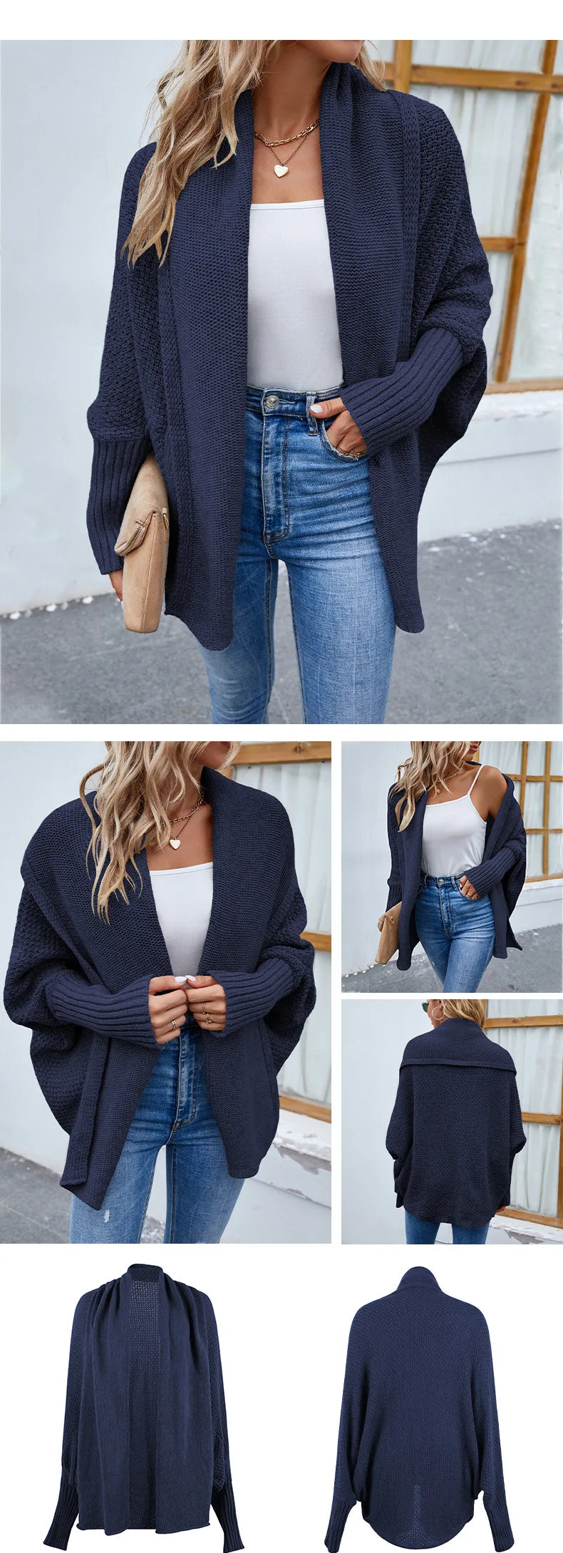 QQPretty~  Cardigan for Women! 2024 Knitted Solid Color Batwing Sleeve Shawl Collar Open Front Cardigan