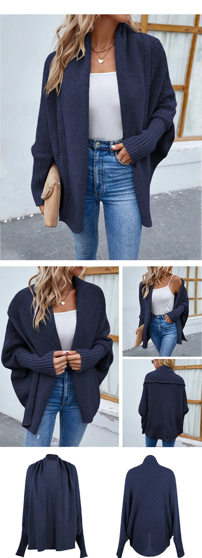 QQPretty~  Cardigan for Women! 2024 Knitted Solid Color Batwing Sleeve Shawl Collar Open Front Cardigan