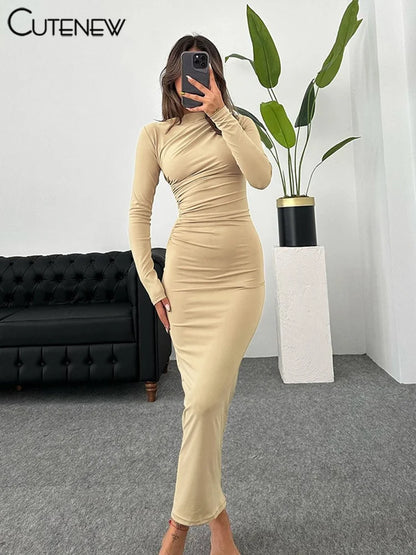 QQPretty~ Elegant Solid O-neck Patchwork Maxi Dress Full Long Sleeves Body-shaping