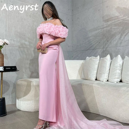 QQPretty~ Off The Shoulder Ruffles Saudi Evening Gown customized Satin Boat Neck Prom Dress Ankle Length Formal Party Gowns