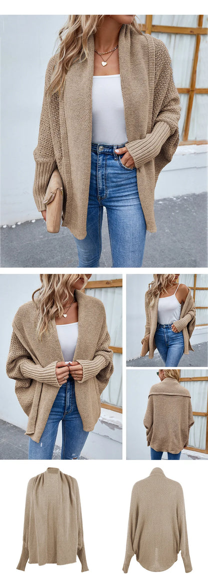 QQPretty~  Cardigan for Women! 2024 Knitted Solid Color Batwing Sleeve Shawl Collar Open Front Cardigan