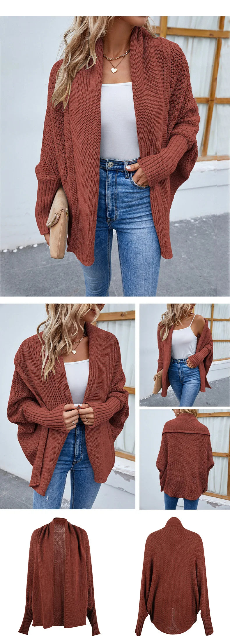 QQPretty~  Cardigan for Women! 2024 Knitted Solid Color Batwing Sleeve Shawl Collar Open Front Cardigan