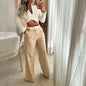 QQPretty~  Two Piece  Fashion Solid Long Sleeve Lapel High Waist Short Top Loose With Pockets Pants