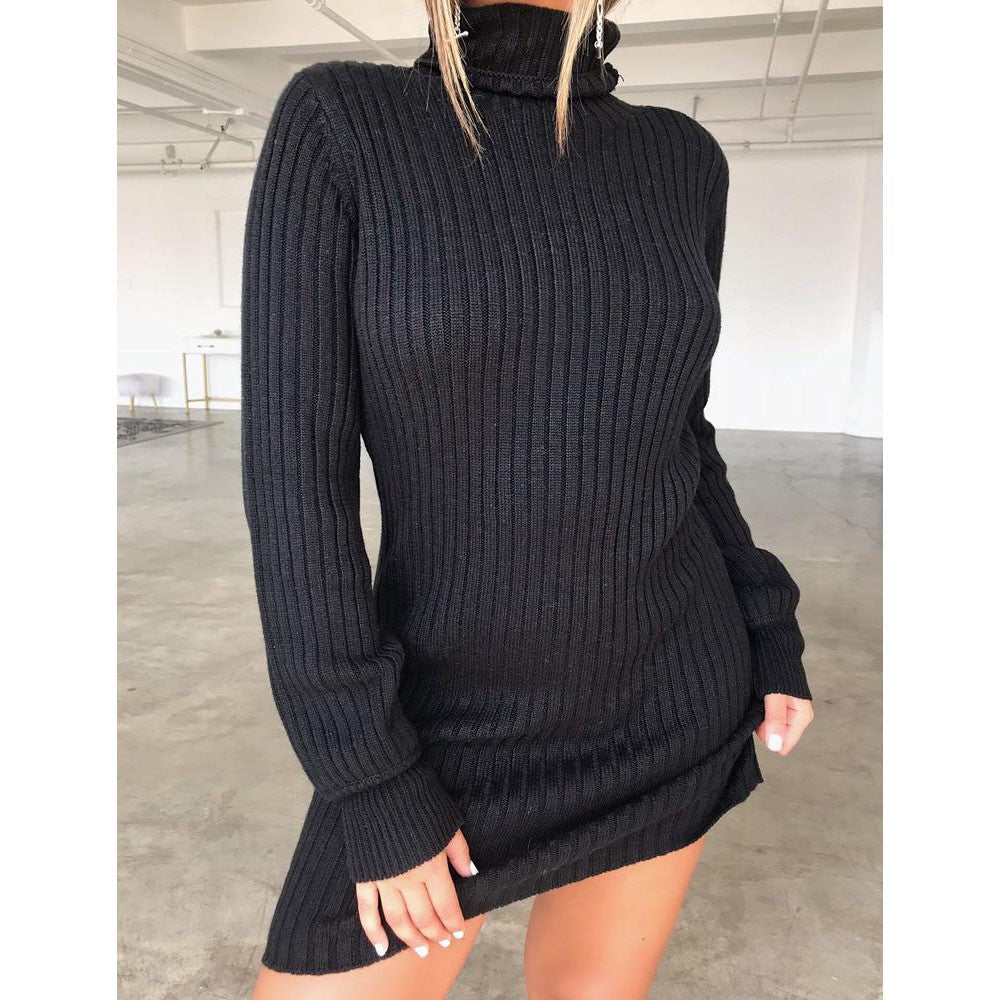 QQPretty~  Knitted Dress Women High Neck Slim Solid Wool Sweater Dresses Winter