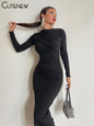 QQPretty~ Elegant Solid O-neck Patchwork Maxi Dress Full Long Sleeves Body-shaping