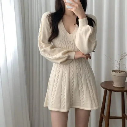 QQPretty~ Autumn/Winter Long Sleeve Waist-Fitted V-Neck Knit Dress Women's Sweater Mini