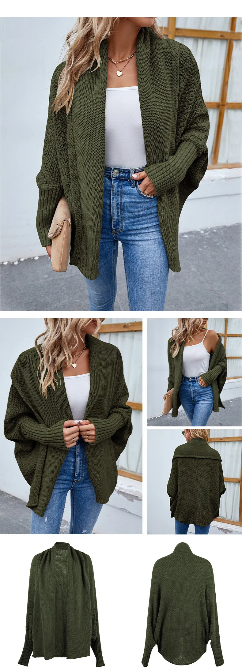 QQPretty~  Cardigan for Women! 2024 Knitted Solid Color Batwing Sleeve Shawl Collar Open Front Cardigan
