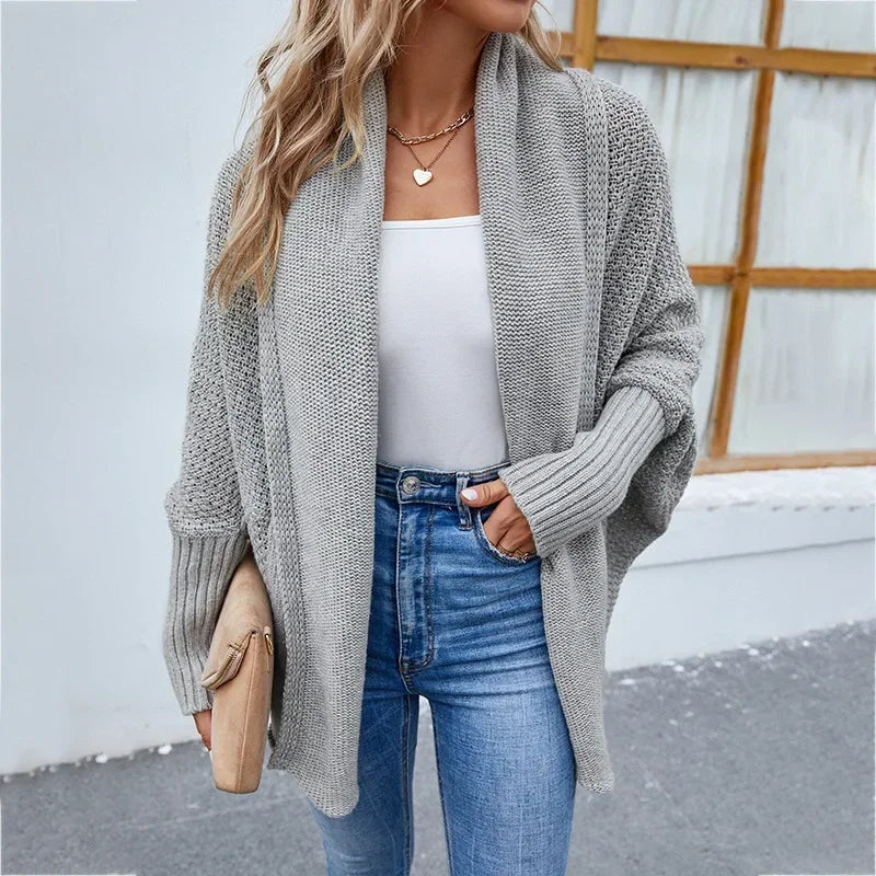 QQPretty~  Cardigan for Women! 2024 Knitted Solid Color Batwing Sleeve Shawl Collar Open Front Cardigan